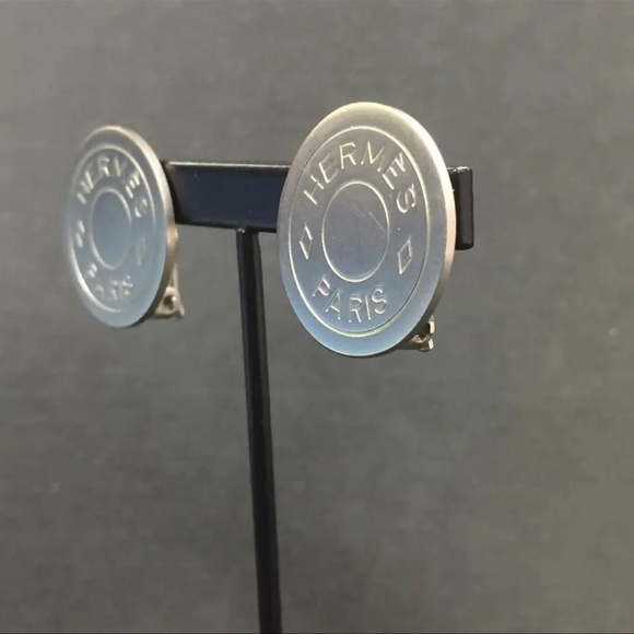 HERMES SILVER COIN LOGO BIJOUTERIE FANTAISE CLIP-ON EARRINGS + BOX - Picture 11 of 13